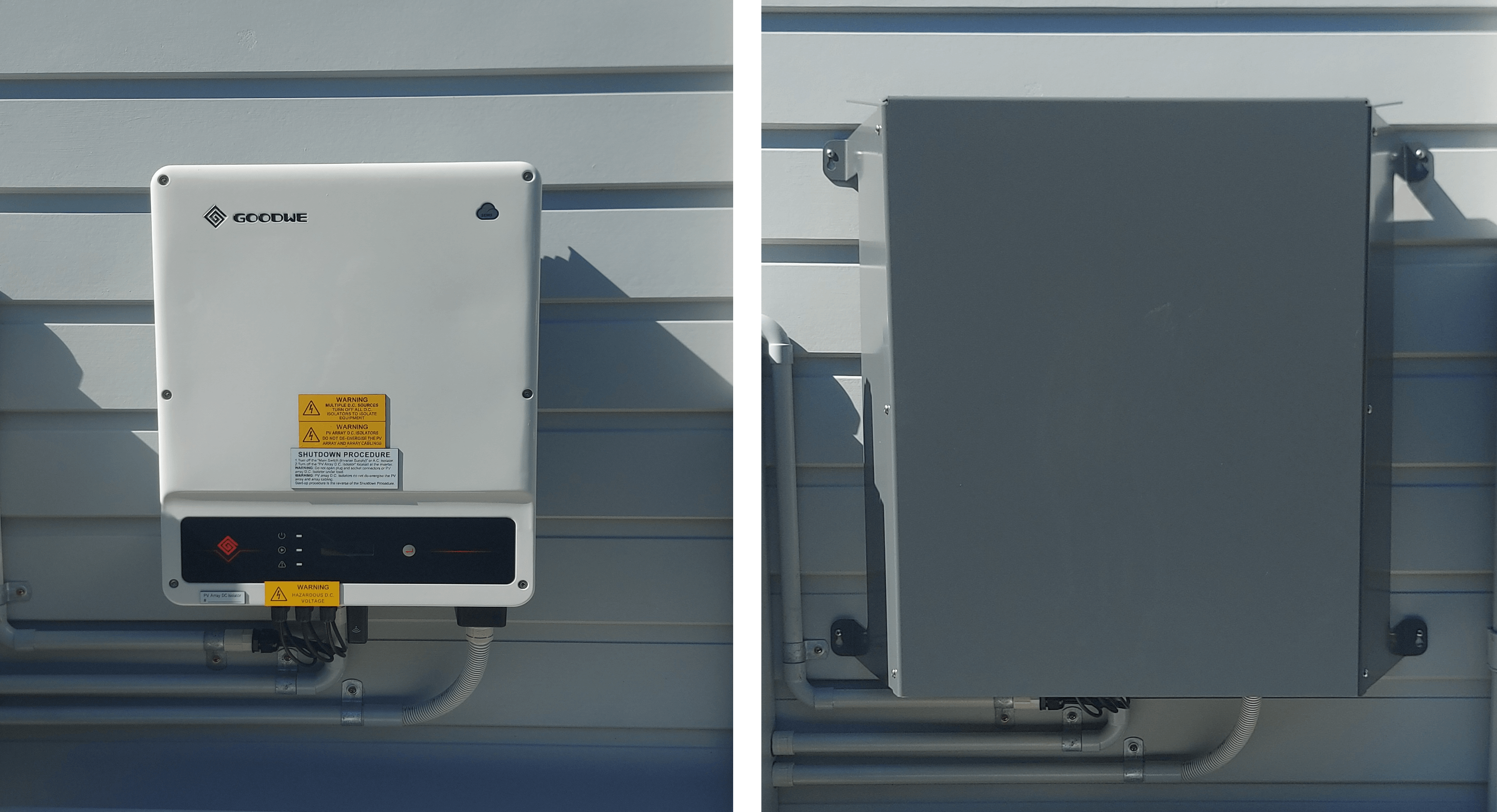 A before and after image of a goodwe solar inverter with a solar inverter cover installed in the basalt colorbond colour